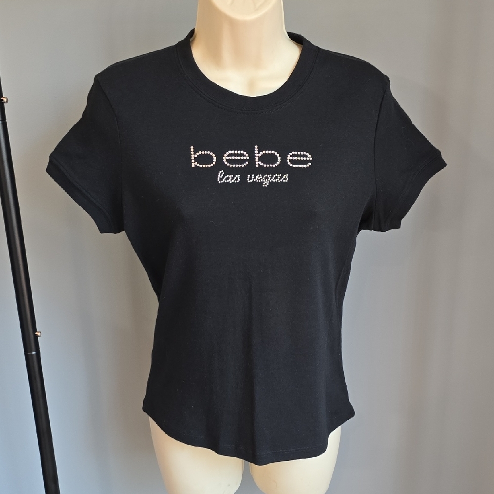 NWT Vintage Bebe Vegad Black Tee with Glittering Logo Y2K SIZE Large